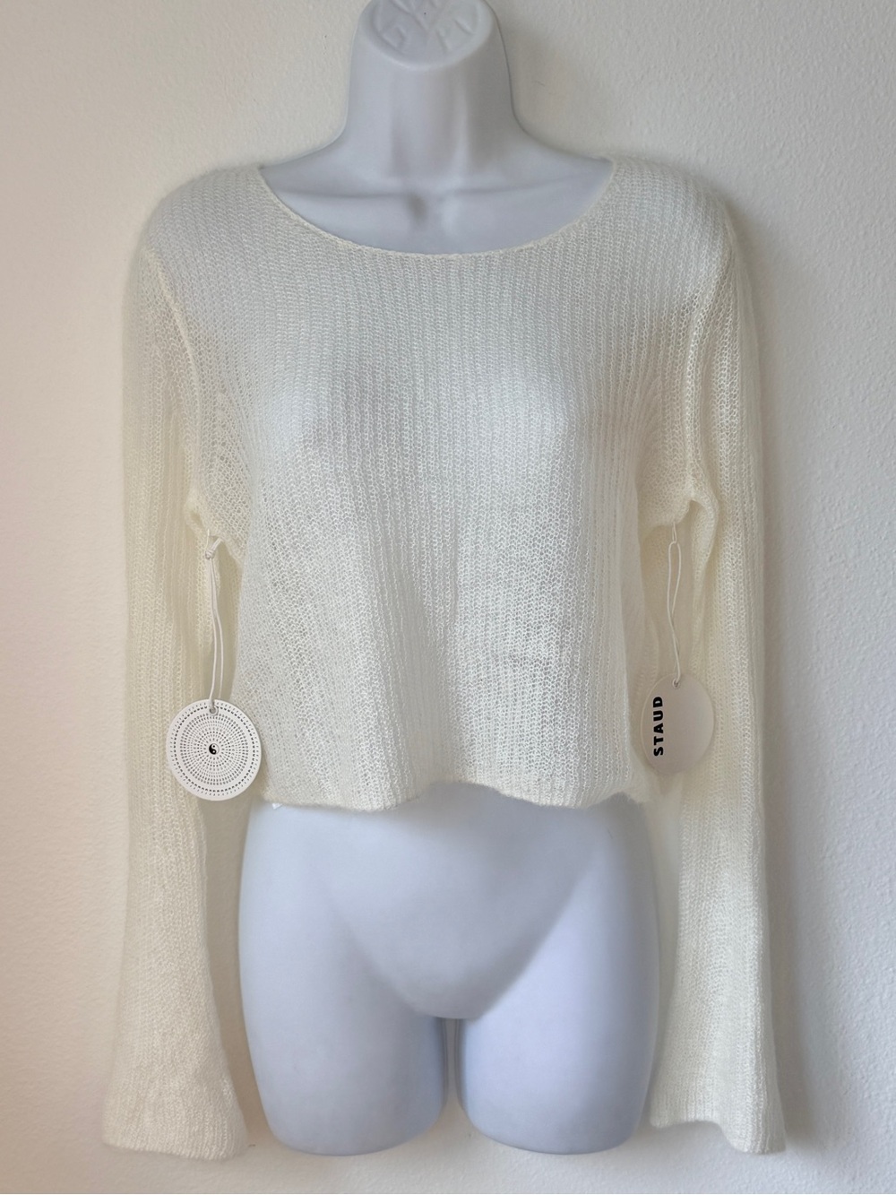 STAUD NEW w/ Tags Parker Sweater Sheer Knit Ivory Cropped Pullover Bell Sleeves